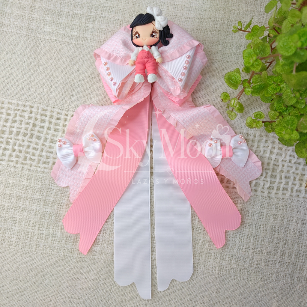 Maxi Lazo con Muñeca Cerámica - Rosa Suave y Blanco